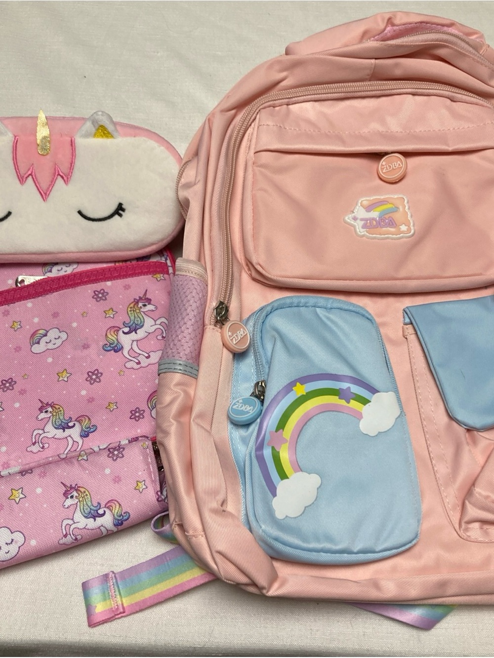 Kids Pink Rainbow Backpack with Blue Pockets -